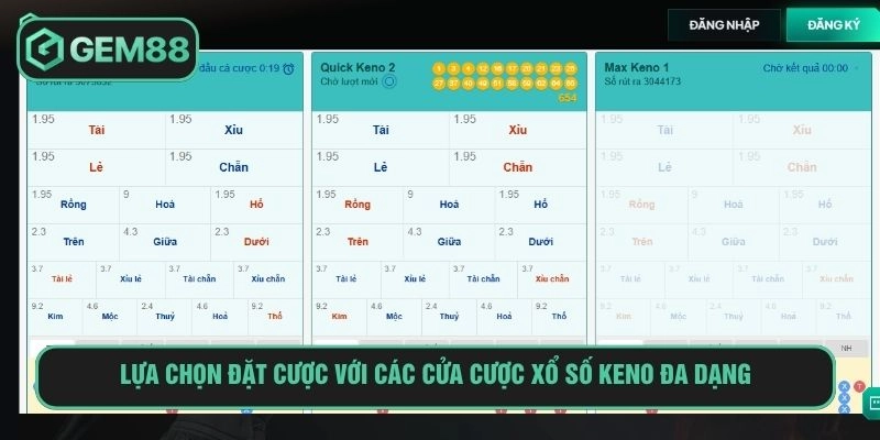 Cách chơi keno GEM88 đơn giản bằng cách chọn cửa và đặt cược