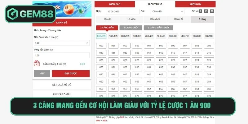 Xổ Số Miền Trung Gem88 Chơi Lô Đề Online An Toàn, Minh Bạch 3 càng với tỷ lệ ăn cực hấp dẫn 1 gấp 900 lần
