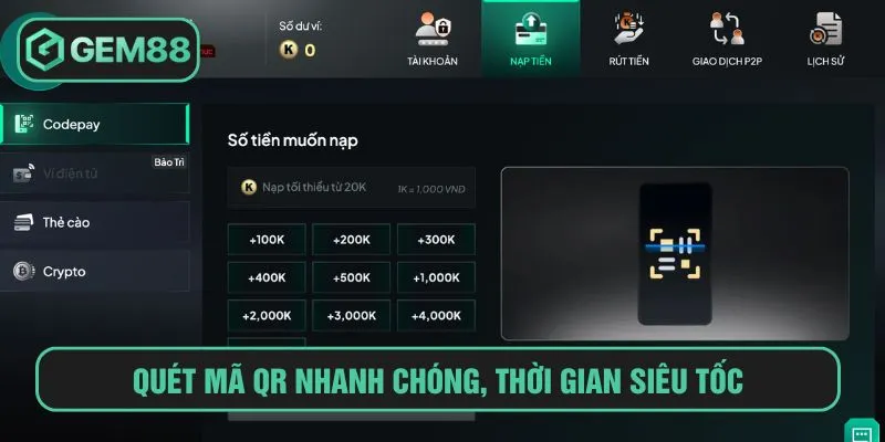 Cách Nạp Tiền Gem88 Nhanh Qua Nhiều Phương Thức Quét mã QR nhanh chóng, thời gian siêu tốc