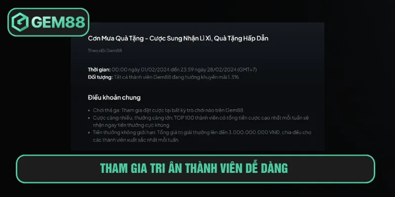 Tri Ân Thành Viên Gem88 Trao Thưởng Cực Khủng Tặng Bạn Tham gia tri ân thành viên dễ dàng