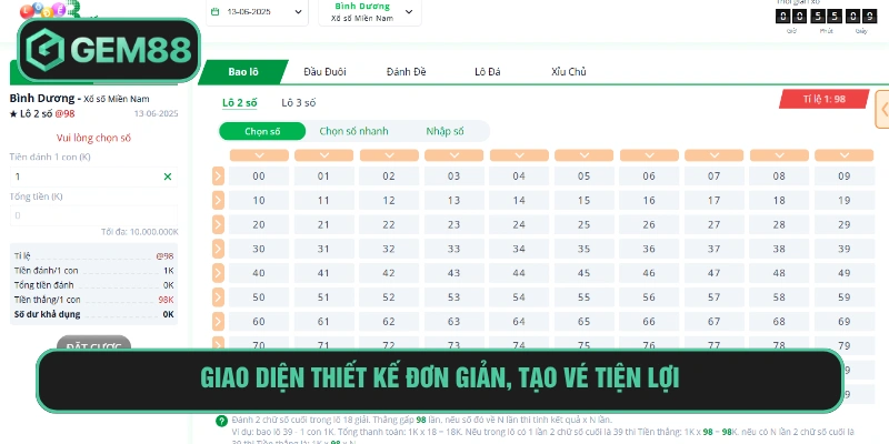 Xổ Số Miền Nam Gem88 Chơi Lô Đề Nhận Thưởng Lớn 2025 Bảng cược thiết kế đơn giản, người dùng dễ dàng tạo vé